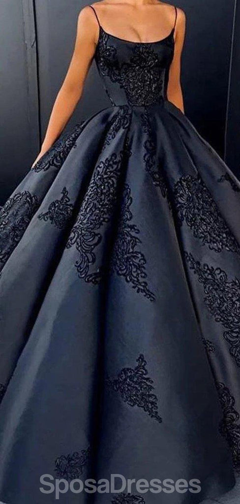 Noir A-ligne bretelles spaghetti robe de bal longues robes de bal de soirée, robes de bal de soirée, 12193