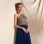 Navy Gold Lace Perled Chiffon Evening Prom Robes, Robes de bal soirée, 12067