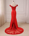 Off Shoulder Bright Red Lace Mermaid Long Evening Prom Dresses, 17558