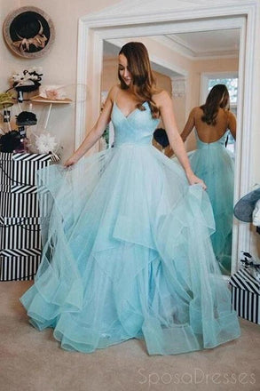 Sexy Backless Spaghetti Straps Ruffles A-line Long Evening Prom Dresses, Evening Party Prom Dresses, 12336