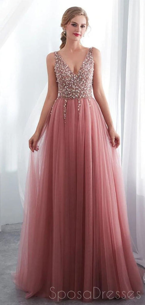 Dusty Pink V-Ausschnitt Seitenschlitz Perlen lange Abend Prom Kleider, billige benutzerdefinierte Sweet 16 Kleider, 18519