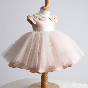 Belle Cap Manches en Tulle Rose Satin des Robes de Fille de Fleur, Abordables Petite Fille Robes, FG031