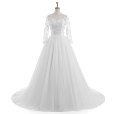 Manga Longa Uma Linha de Lace See Through Wedding Bridal Dresses, Custom Made Wedding Dresses, Affordable Wedding Bridal Gowns, WD247