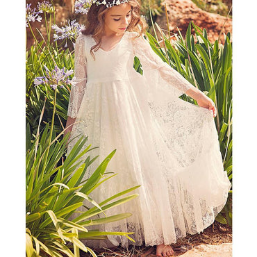 Boho manches longues A-ligne robes de fille de fleur en dentelle, belles petites robes de fille, FG063