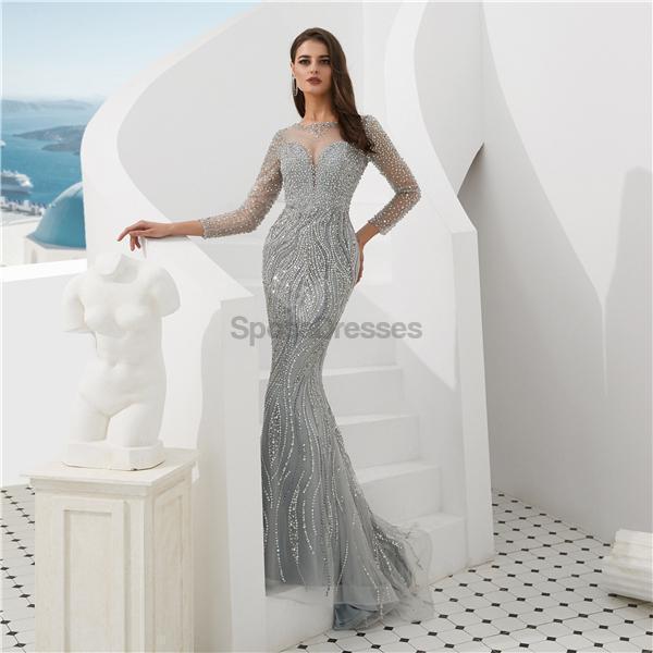 Lange Ärmel grau stark perlenbesetzte Meerjungfrau Abendkleider, Abendparty Abendkleider, 12097