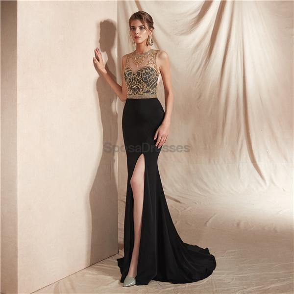 Falda negra Vestidos de fiesta de noche de sirena sexy con hendidura lateral con cuentas doradas, Vestidos de fiesta de noche, 12069