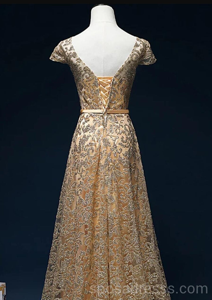 Sparkly Gold Short Sleeves Long Evening Prom Dresses, Cheap Custom Sweet 16 Dresses, 18541