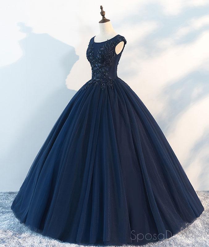 Navy Cap Hüllen Ball Gown Tulle Billig Lang Abend Prom Dresses, Custom Sweet16 Dresses, 18410