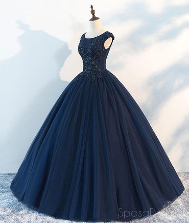 Navy Cap Manches Robe de bal Tulle Cheap Long Evening Prom Robes, Custom Sweet16 Robes, 18410