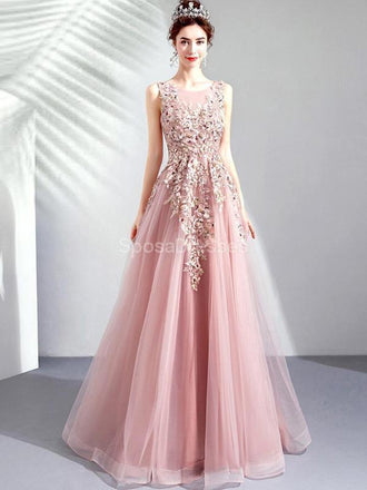 Scoop Lace Beaded Pink Long Evening Prom Dresses, Evening Party Prom Dresses, 12286