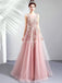 Scoop Lace Beaded Pink Long Evening Prom Dresses, Evening Party Prom Dresses, 12286