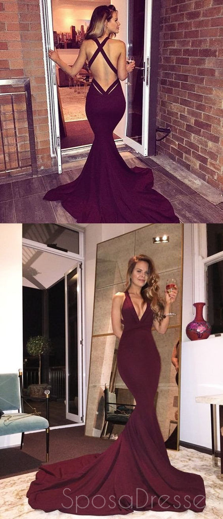 Sexy Mermaid Maroon Backless Evening Prom Dresses, Long Deep V Neckline Party Prom Dress, 17118