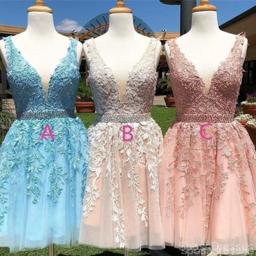 V Λαιμό Δαντέλα διακοσμημένο με Χάντρες Ζώνη Φτηνές Φορέματα Homecoming σε απευθείας Σύνδεση, Φθηνά Σύντομη Φορέματα Prom, CM817