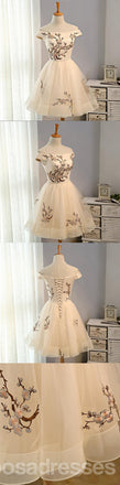 Off Shoulder Straight Neckline Embroidery Tulle Short Homecoming Prom Dresses, CM361