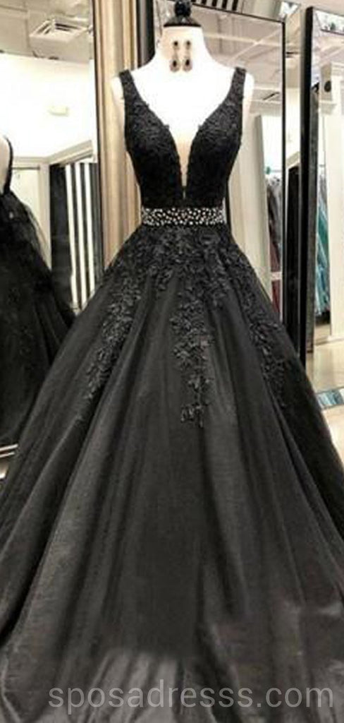 V-cou dentelle noire perlée A-ligne longues robes de bal de soirée, pas cher personnalisé Sweet 16 robes, 18553