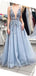 Sexy Backless Deep V Neck Dusty Blue Lace Long Evening Prom Dresses, Cheap Sweet 16 φορέματα, 18438