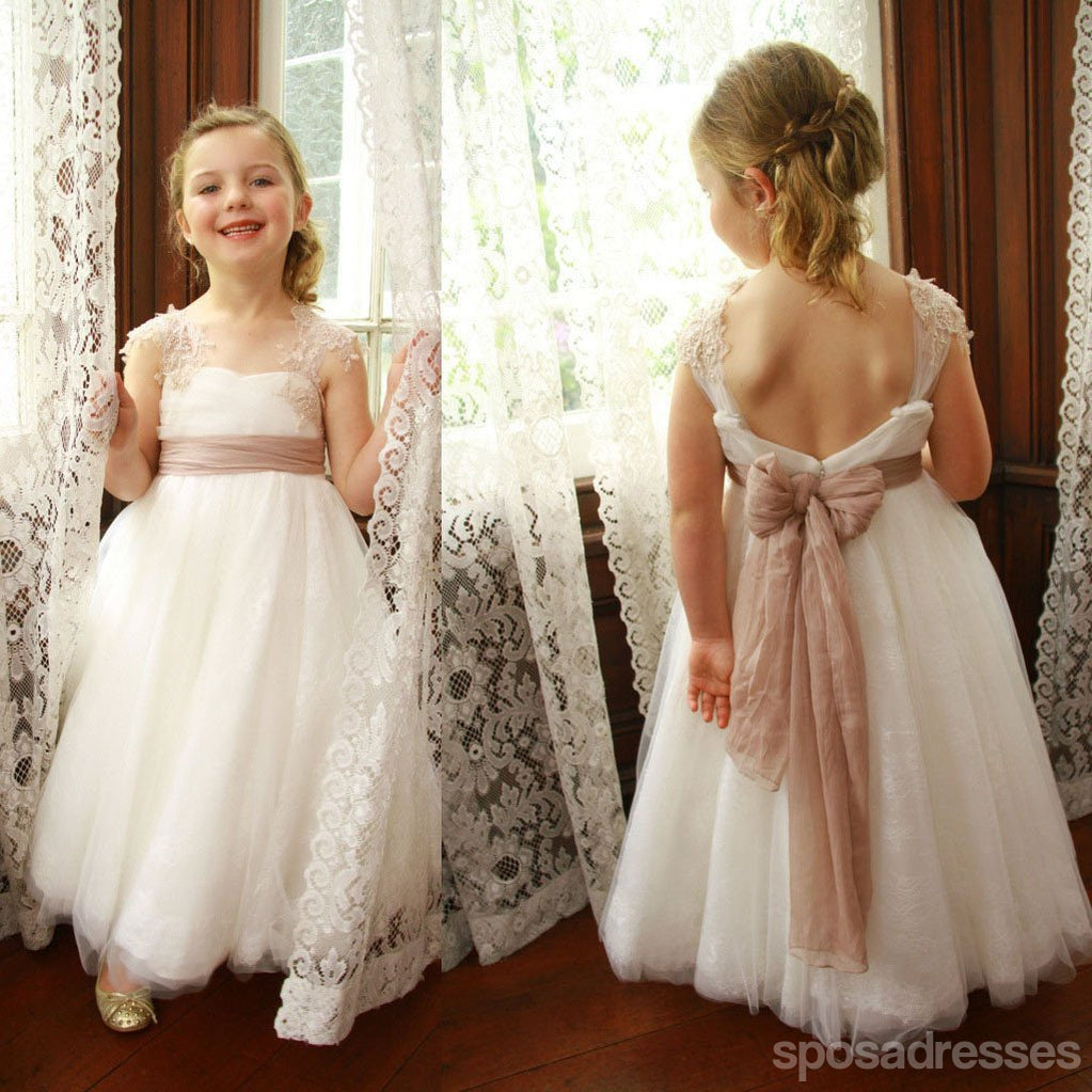 Ivory Lace Tulle A-line Φορέματα κοριτσάκι, υπέροχα φορέματα λουλουδιών, FG009