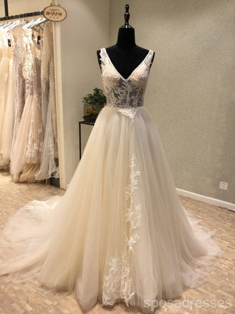 Sexy Backless V Neckline Veja através de vestidos de noiva de casamento de renda, vestidos de casamento personalizados, vestidos de noiva de casamento acessíveis, WD243