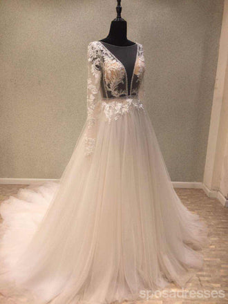 Manga longa sem encosto V decote vê por vestidos de casamento de casamento de cadarço, vestidos de casamento feitos alfandegários, vestidos de noiva de casamento disponíveis, WD244