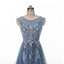 Spitze Perlen Dusty Blue Scoop Ausschnitt Abend Prom Kleider, lange sexy Party Prom Kleid, benutzerdefinierte lange Prom Kleider, billige formelle Prom Kleider, 17134