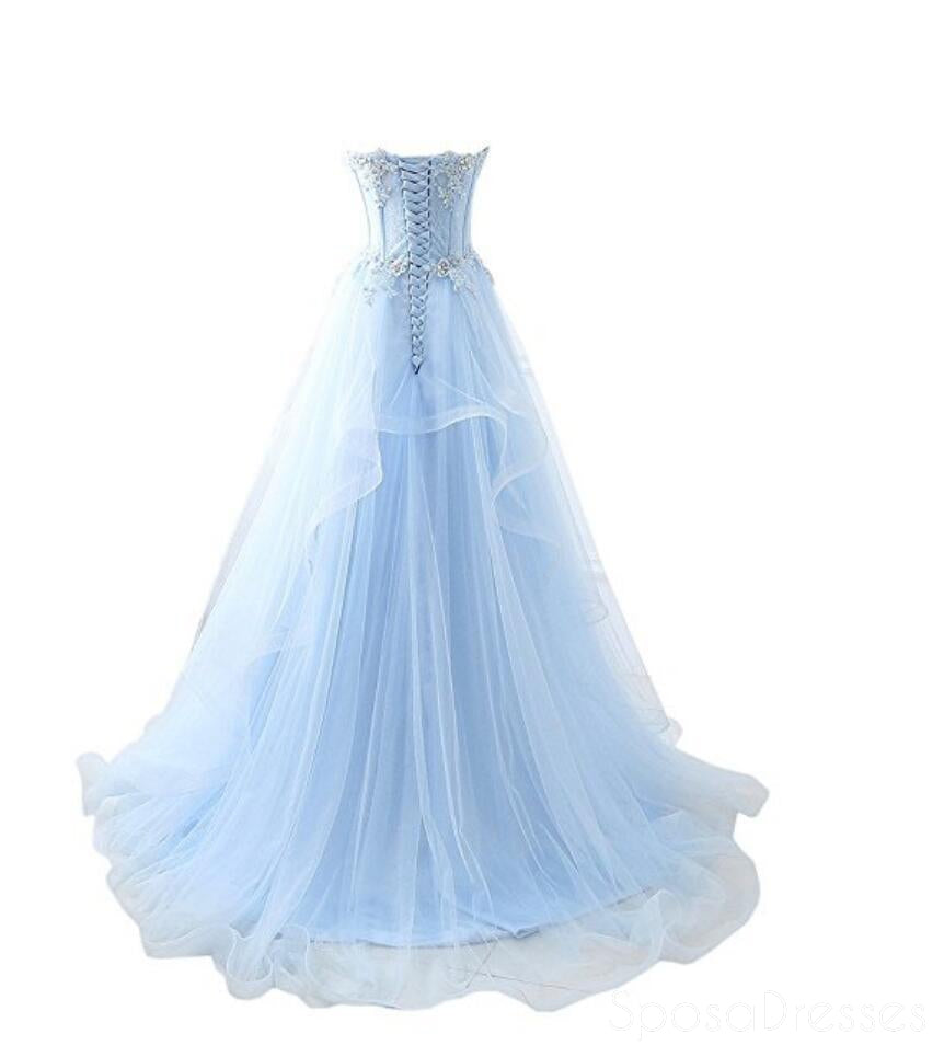 Ανοιχτό μπλε γλυκό See Through Lace Tulle A line Long Evening Prom Dresses, 17524