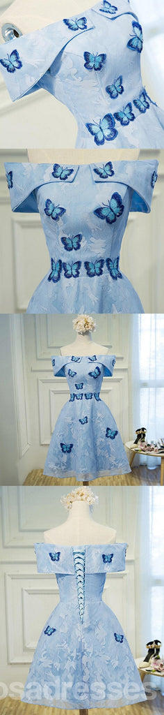 Encaje azul con hombros abiertos, mariposas bordadas, vestidos cortos de baile de bienvenida, 16 faldas dulces, una perfecta falda de cóctel, cm362.