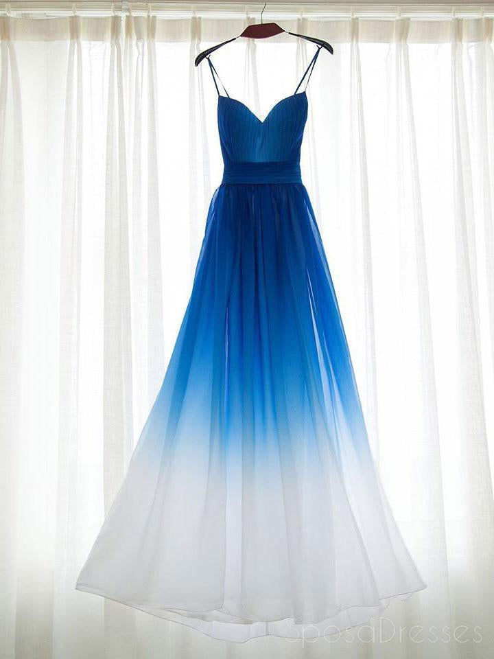 Ombre Blue Chiffon Sweetheart Neckline Long Evening Prom Dresses, Popular Cheap Long Custom Party Prom Dresses, 17314