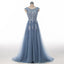 Spitze Perlen Dusty Blue Scoop Ausschnitt Abend Prom Kleider, lange sexy Party Prom Kleid, benutzerdefinierte lange Prom Kleider, billige formelle Prom Kleider, 17134
