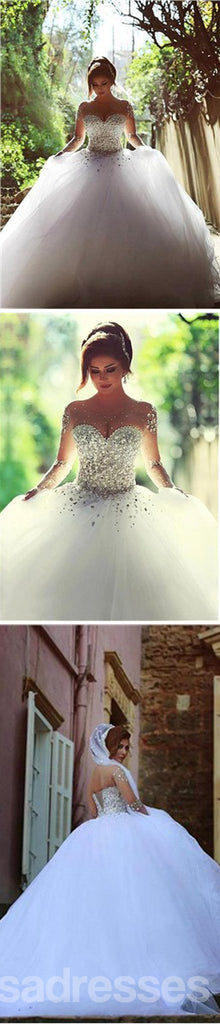 La manga larga magnífica de la ilusión rebordeó el Rhinestone ata para arriba el vestido de boda del vestido de bola, WD0200