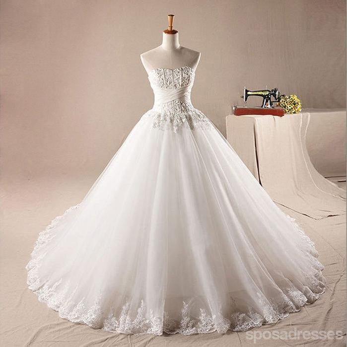 Strapless A line Lace Beaded A line Wedding Dresses, Custom Made Wedding Dresses, Cheap Wedding Gowns, WD215