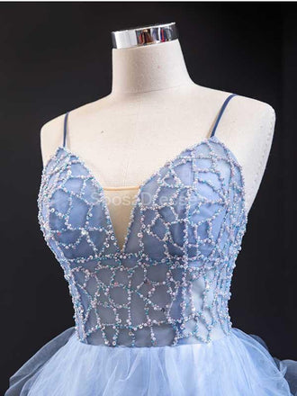 Spaghetti Straps Perles Ombre Ruffle Long Evening Prom Robes, Robes de bal soirée, 12233