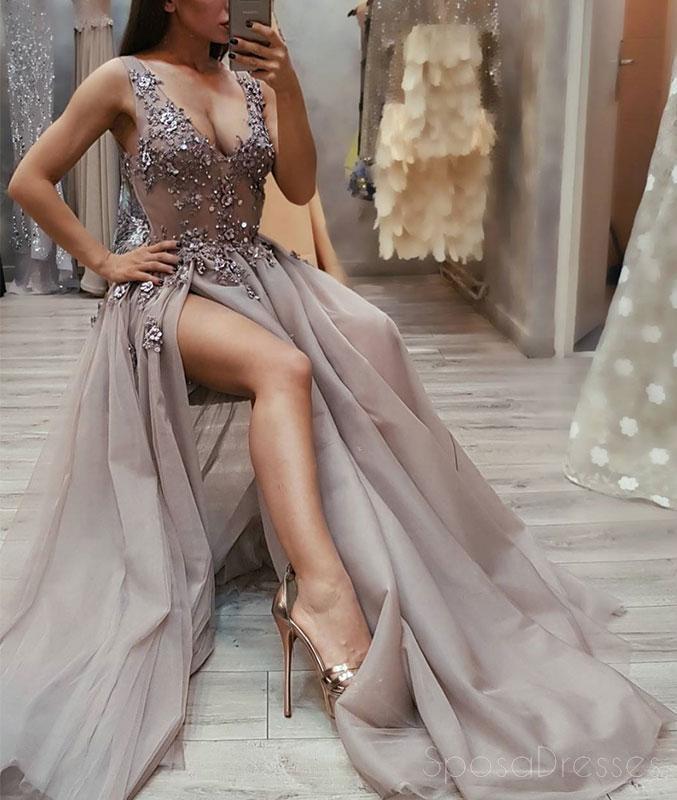 Sexy V Neck See Through Grey Side Slit Lace Long Evening Prom Robes, Cheap Sweet 16 Robes, 18440