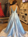 Προσιτή Απλή V-Λαιμός Μια γραμμή Φωτός Μπλε Σατέν Μακρύ Βράδυ Φορέματα Prom, 17463 Αμ -