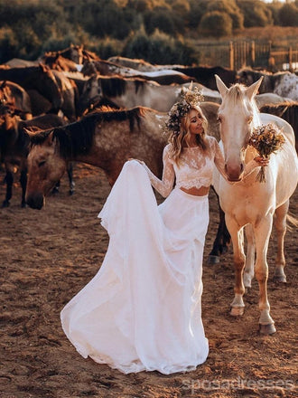 Long corsage de lacet de manches deux robes de mariée de morceaux robes de noce en ligne, bon marché, WD626