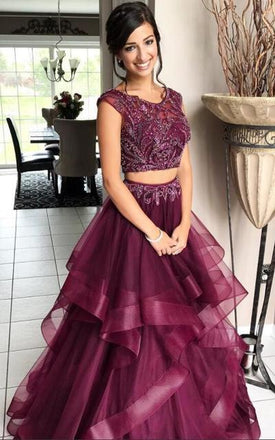 Purple Two Pieces Maroon Bateau A-line Long Evening Prom Dresses, 17560