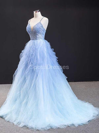 Spaghetti Straps Perles Ombre Ruffle Long Evening Prom Robes, Robes de bal soirée, 12233