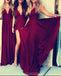 V Neck Side Slit Burgundy Chiffon Cheap Long Bridesmaid Dresses Online, WG292