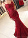 Robe de soirée longue sirène en dentelle rouge avec bretelles spaghetti, 17505