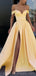 Vestidos de fiesta largos de noche largos amarillos con aberturas laterales amarillas fuera del hombro, vestidos de fiesta, 18615