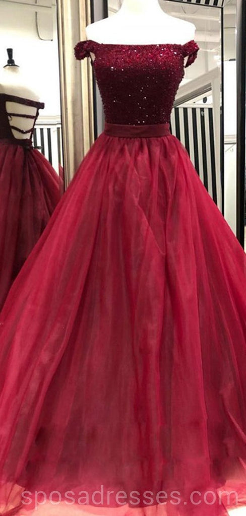 Από Τον Ώμο Διακοσμημένα Με Χάντρες Σκούρα Κόκκινα Μακριά Φορέματα Χορού Βραδιού, Φτηνά Φορέματα Χορού Κόμματος Συνήθειας, 18592