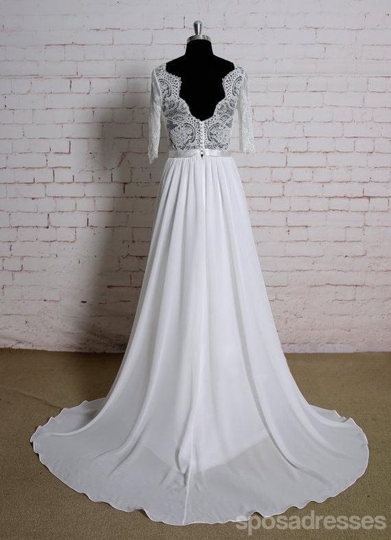 Cordón de mangas largo trajes de novia de la playa baratos en línea, WD378