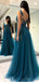 Μοναδικά Teal V Neck Side Slit A-line Long Evening Prom Dresses, Cheap Sweet 16 Dresses, 18350