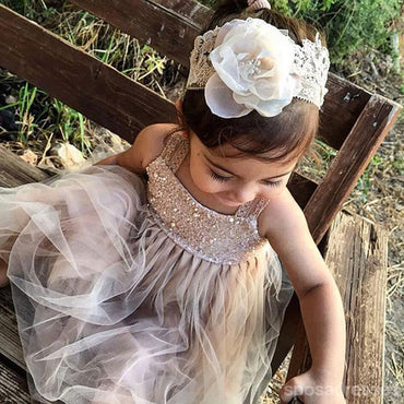 Correa con cuentas de lentejuelas Top Tulle una línea de vestidos de niña de las flores, vestidos de niña encantadora, FG066