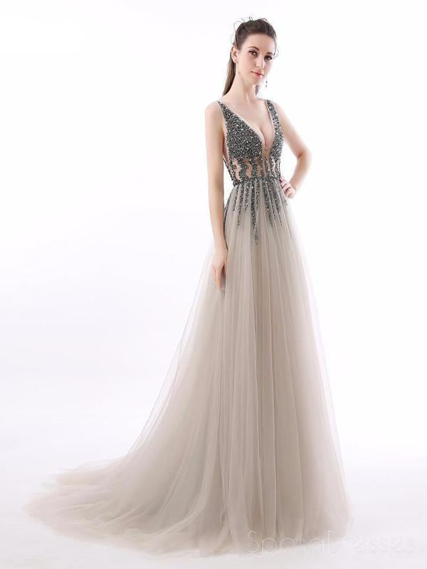 Sexy See through V Neck Beaded Tulle Une ligne Long Evening Prom Dresses, 17474