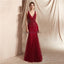 Robes de bal de soirée sirène perlée dos nu en V rouge foncé, robes de soirée, 12065