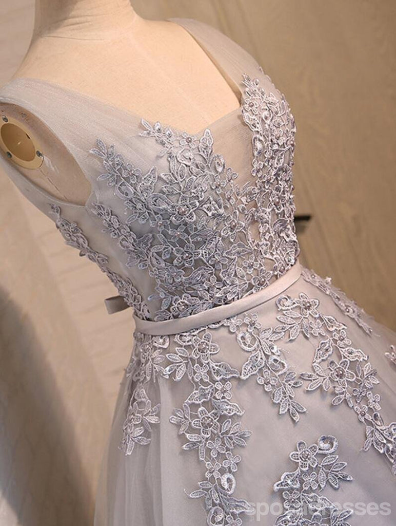V Ausschnitt Zwei Träger Graue Spitze Perlen Homecoming Prom Kleider, Erschwingliche Kurze Party Prom Kleider, Perfekte Homecoming Kleider, CM288
