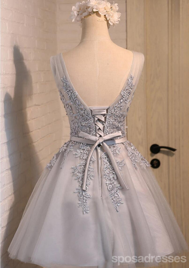 V Ausschnitt Zwei Träger Graue Spitze Perlen Homecoming Prom Kleider, Erschwingliche Kurze Party Prom Kleider, Perfekte Homecoming Kleider, CM288