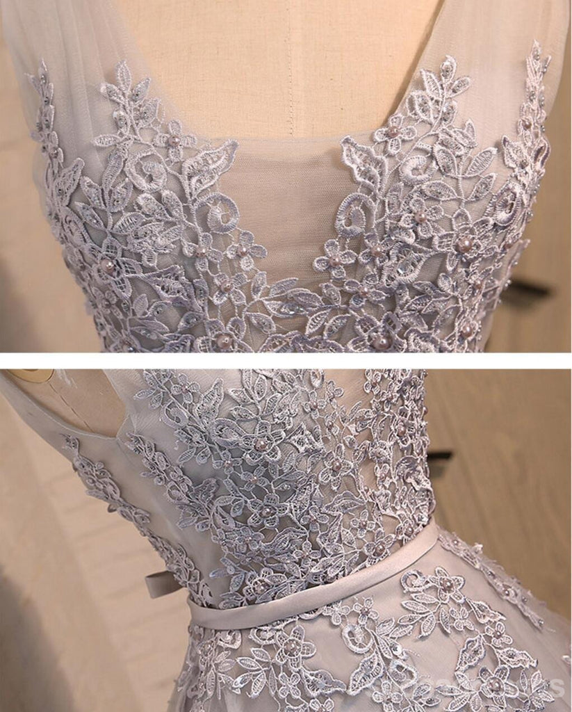 V Ausschnitt Zwei Träger Graue Spitze Perlen Homecoming Prom Kleider, Erschwingliche Kurze Party Prom Kleider, Perfekte Homecoming Kleider, CM288