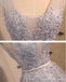 V Ausschnitt Zwei Träger Graue Spitze Perlen Homecoming Prom Kleider, Erschwingliche Kurze Party Prom Kleider, Perfekte Homecoming Kleider, CM288