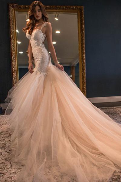 Sexy Backeless Lace Mermaid Wedding Dress, 2017 Tulle Cheap Wedding Gown, 17089